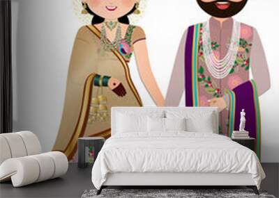 Bride and groom cute couple in traditional indian dress cartoon character Wall mural