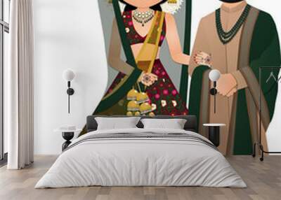 Bride and groom cute couple in traditional indian dress cartoon character Wall mural