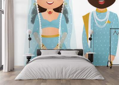 bride and groom cute couple in traditional indian dress cartoon character Wall mural