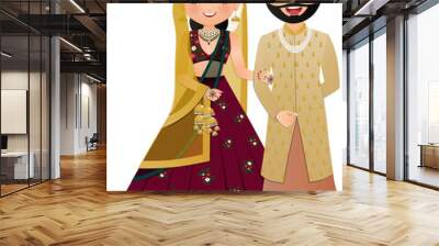 Bride and groom cute couple in traditional indian dress cartoon character Wall mural