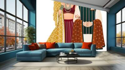 Bride and groom cute couple in traditional indian dress cartoon character Wall mural