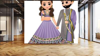 Bride and groom cute couple indian dress cartoon character Wall mural