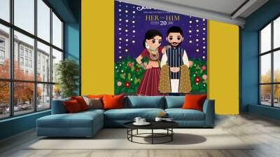 Cute hindu couple in traditional indian dress cartoon character.Romantic wedding invitation card Wall mural