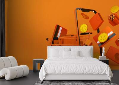 Online Shopping, Mobile Application, 3d rendering. Wall mural