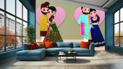 Set of Cute couple in traditional indian dress cartoon characters bride and groom.Wedding invitations card. Wall mural