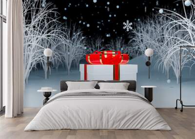 On a cold snowy night a set of white gift boxes and red ribbon are surrounded by frosted forest and white field. Christmas and winter concept, 3d rendering Wall mural