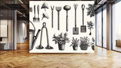 Antiquestyle engraved illustration of various gardening elements, including tools and plants, set against a white background High detail and vintage charm Wall mural