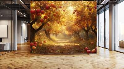 Autumn orchard with ripe apples and vibrant foliage, soft golden light casting shadows, high detail, rustic and harvestthemed Wall mural