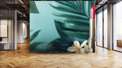 Charming scene featuring two luxury lipsticks with lush tropical leaves and blooming flowers, highdefinition, perfect for beauty product packaging and advertising Wall mural