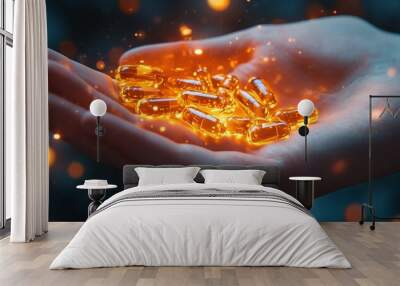 Closeup of a hand holding capsules, glowing with a revolutionary new medicine treatment concept Wall mural