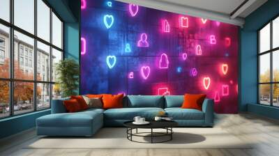 Colorful neon signs featuring profile icons linked together, concept of social networking, bright and engaging designs, modern aesthetic, glowing against a dark background Wall mural