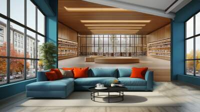 Contemporary public library interior with an open gallery area, empty walls for exhibits, stylish lighting, and organized reading spaces, 3D rendering Wall mural