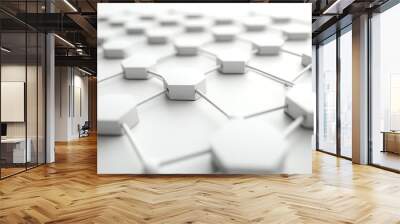 Creative abstract layout with hexagonal shapes and connecting dots, showcasing a chemical structure perspective in a modern white backdrop Wall mural