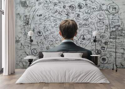 Detailed image of a businessman from behind, focusing on circular arrangements of handdrawn business symbols on a white backdrop, illustrating brainstorming and idea generation Wall mural