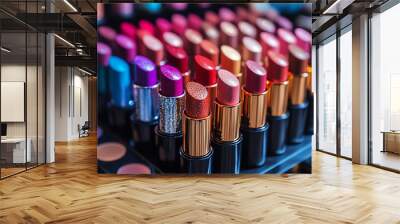 Dramatic display of colorful cosmetics featuring lipsticks in various shades and powder makeup, elegantly arranged on a vanity table, perfect for beauty promotion Wall mural