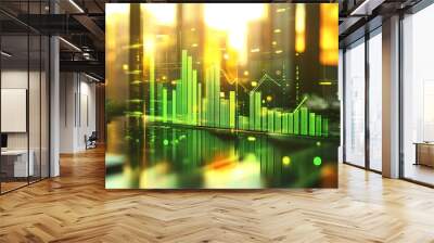 Elegant 3D image of a businessman studying a rising graph with green bars and an upward arrow, illustrating the pursuit of excellence in business against a blurred background Wall mural