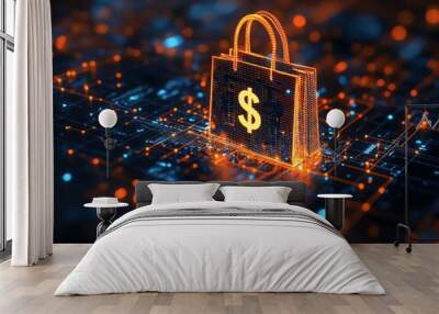 Engaging visual of a digital shopping bag highlighted with a dollar sign, representing the evolution of online shopping and financial transactions Wall mural