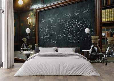 Eyecatching 3D visualization of a blackboard with chalk handwritten chemical equations and flasks, designed to highlight educational concepts in exact sciences Wall mural