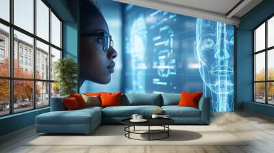 Futuristic healthcare scene with a young Black trainee doctor or nurse examining AI medical scans, including a holographic anatomical diagram of the human body Wall mural