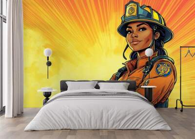 Illustrated cartoon of a confident female firefighter in uniform and helmet, showcasing her strength and determination against a vibrant backdrop Wall mural