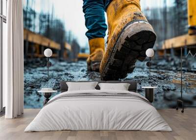 Legs of a construction worker in action, working on a building site, rugged boots, concrete background, dynamic construction environment Wall mural