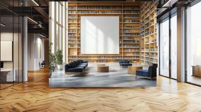 Modern public library interior with minimalist design, blank white wall template for art display, wooden bookshelves, and sleek furniture, 3D rendering Wall mural