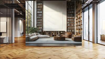 Modern public library interior with minimalist design, blank white wall template for art display, wooden bookshelves, and sleek furniture, 3D rendering Wall mural