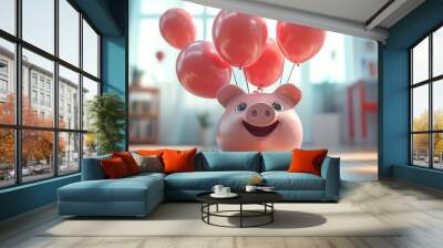 Pay day graphic, piggy bank with payday balloons, financial happiness, 3D rendering Wall mural