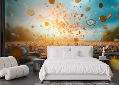 Pay day scene, coins and bills falling from the sky, money abundance, 3D illustration Wall mural