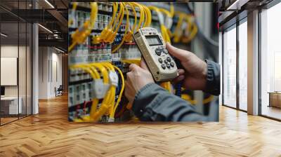 Professional electricians tools Closeup of hands with multimeter in electrical panel, yellow wires and white gear, highresolution photography Wall mural