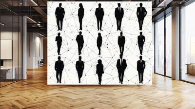 Silhouettes of professionals in a network grid, modern techstyle background with connecting lines, formal attire, high contrast, bold minimalist design Wall mural