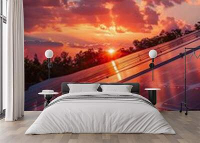 Solar energy station at sunset, modern photovoltaic panels, green technology industry, sustainable power, ecofriendly electric future, Midjourney image creation Wall mural