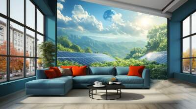 Solar panels integrated into a lush green landscape with Earth in the background, symbolizing commitment to clean energy and environmental conservation Wall mural