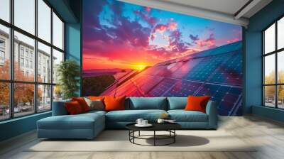 Sunset sky background, photovoltaic solar panels, green clean energy concept, sustainable power generation Wall mural