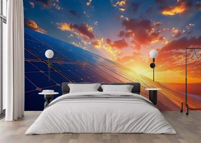 Sunset sky background with photovoltaic solar panels, green energy concept, renewable electricity Wall mural