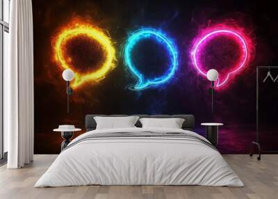 Three vibrant neon speech bubbles, yellow, blue, and pink, set on a sleek dark background, glowing effect, contemporary communication symbols, eyecatching art style Wall mural