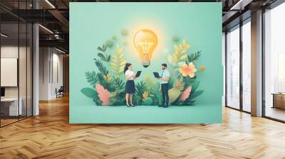 Two professionals collaborating in a green office, with a glowing light bulb above them, symbolizing innovative sustainable finance solutions, bright and modern Wall mural