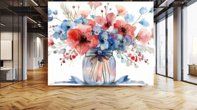 Watercolor mason jar bouquet with patriotic theme, bow around jar neck, clip art design Wall mural