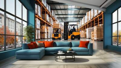 Forklifts Working in a Warehouse. Wall mural