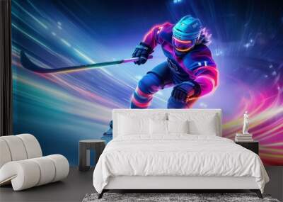 Hockey Player in Motion with Neon Lights. Wall mural