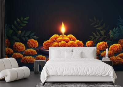 Marigold Flowers with a Burning Candle. Wall mural