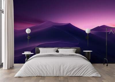 Breathtaking panoramic view of majestic mountains bathed in the golden hues of sunrise and sunset, casting long shadows across the vast desert landscape Wall mural