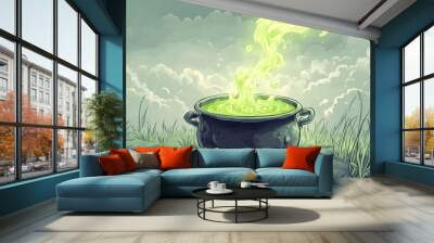 Magical Green Potion in a Cauldron Under Cloudy Skies Wall mural