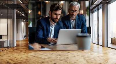 Mentorship in Action: A seasoned executive guides a younger colleague through a complex task on a laptop, epitomizing knowledge transfer and collaboration.  Wall mural