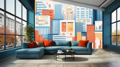 A cityscape with a lot of skyscrapers and financial charts and graphs. Wall mural