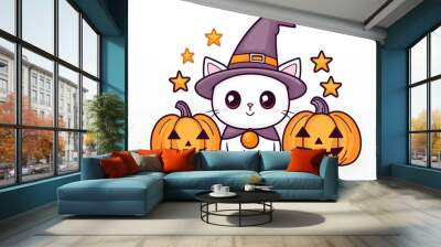 A cute white cat wearing a purple witch hat, surrounded by two smiling Halloween pumpkins and stars on a white isolated background. Wall mural