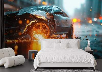 A damaged car in a rainy urban environment, emitting sparks, showcasing the impact of an accident and urban chaos. Wall mural