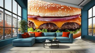 A delicious cheeseburger featuring a juicy beef patty, melted cheese, fresh lettuce, and sliced onion, served on a sesame seed bun. Wall mural