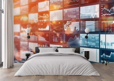 A large video wall displays a variety of financial data and stock market information. Wall mural