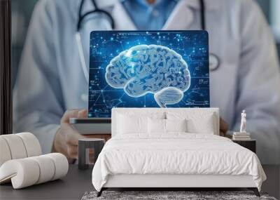 A medical professional holds a laptop displaying a digital brain, representing advances in neuroscience and technology integration. Wall mural